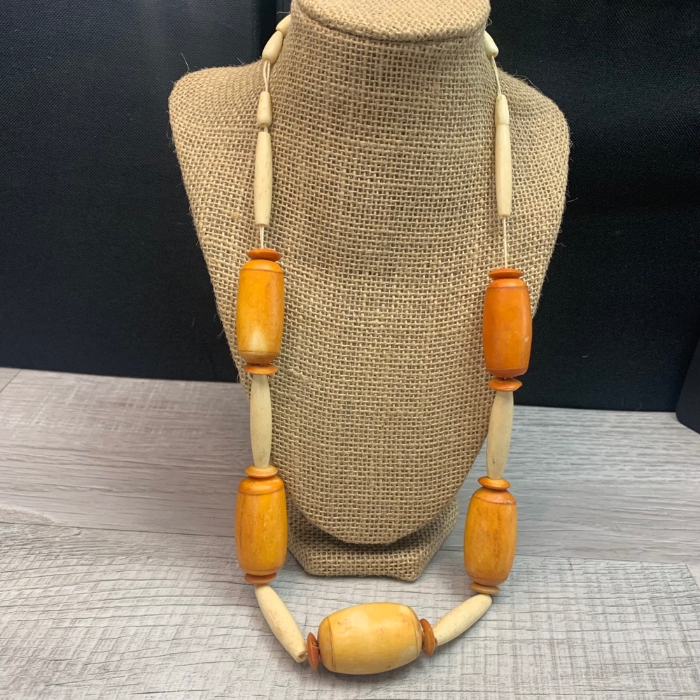 Vintage Artisan Chunky Wood and Bone Bead Statement Necklace Honey Orange 26"